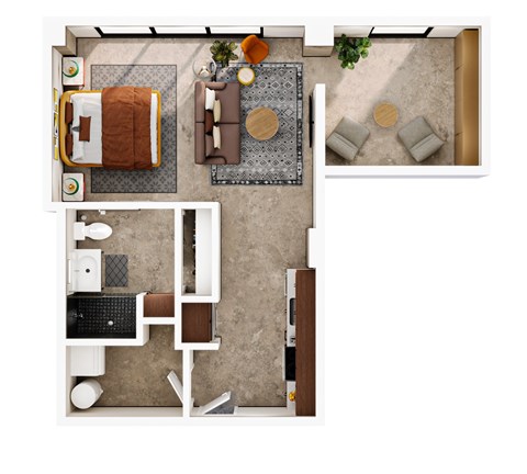 Floor plan for studio, 1 bath, 703 sqft